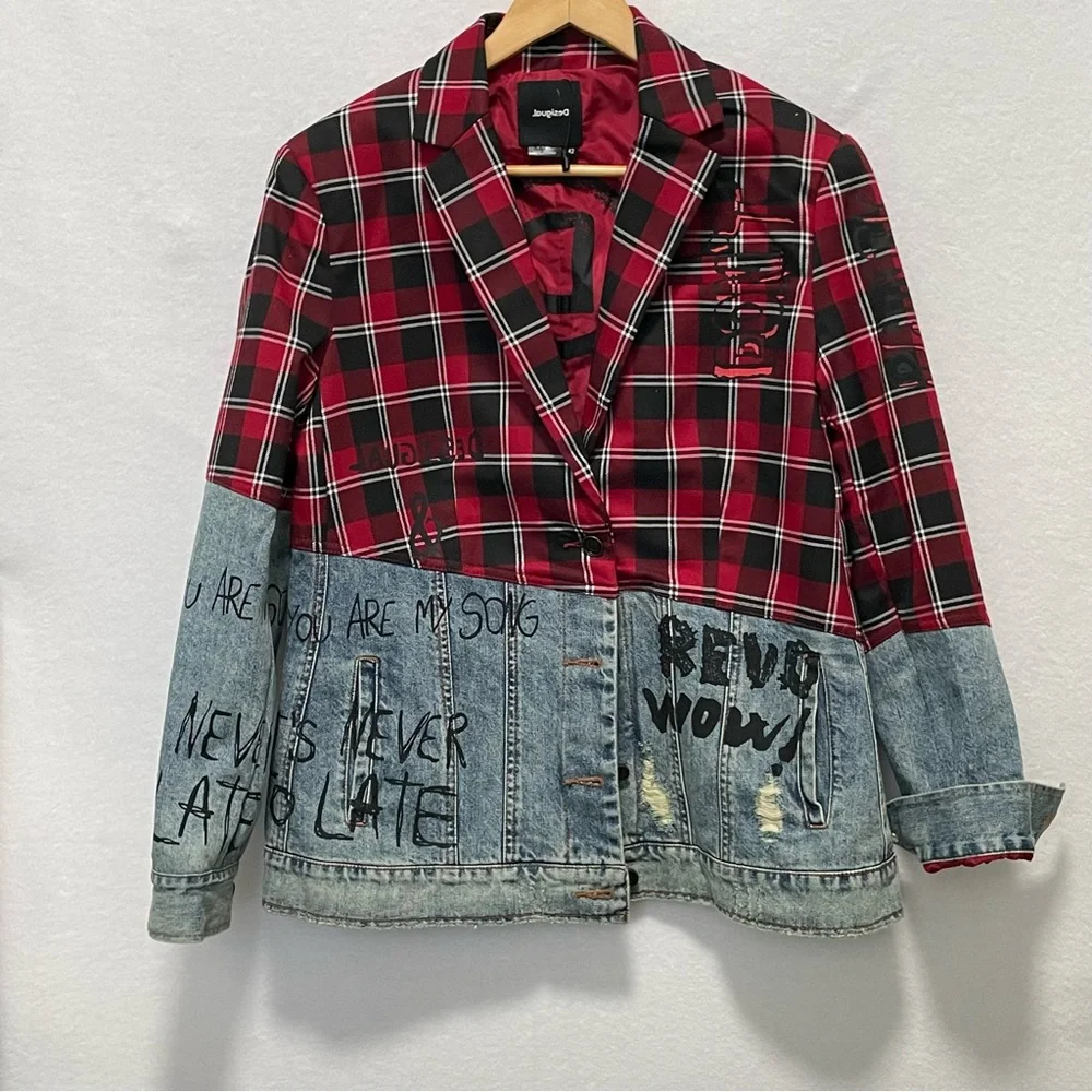 Desigual Red and Black Plaid Blazer - Picture 3 of 11